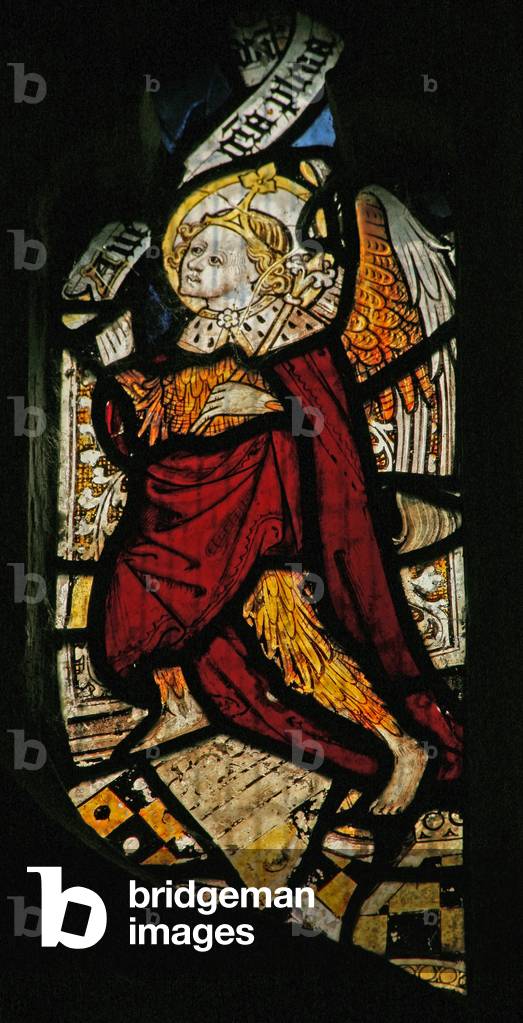 The East window (Ew) depicting the angel Gabriel at the Annunciation (stained glass) by English Artist