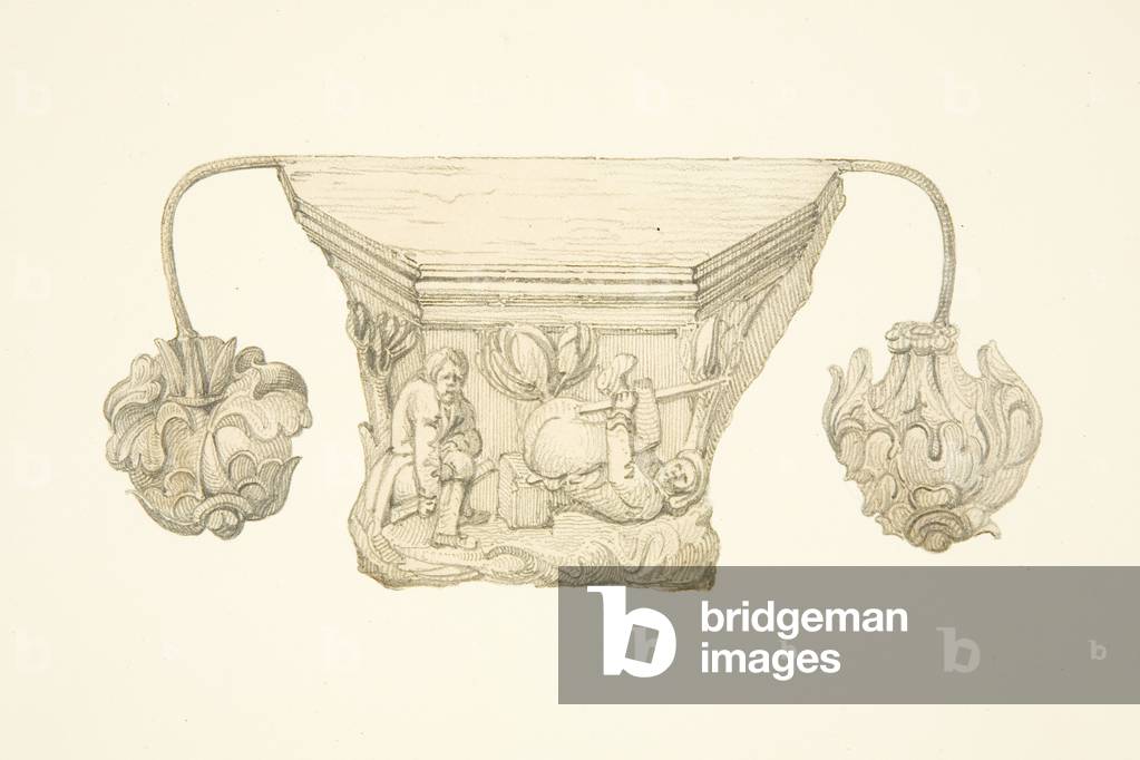 Carved misericord in the stalls of Bristol Cathedral (pencil & w/c on paper)