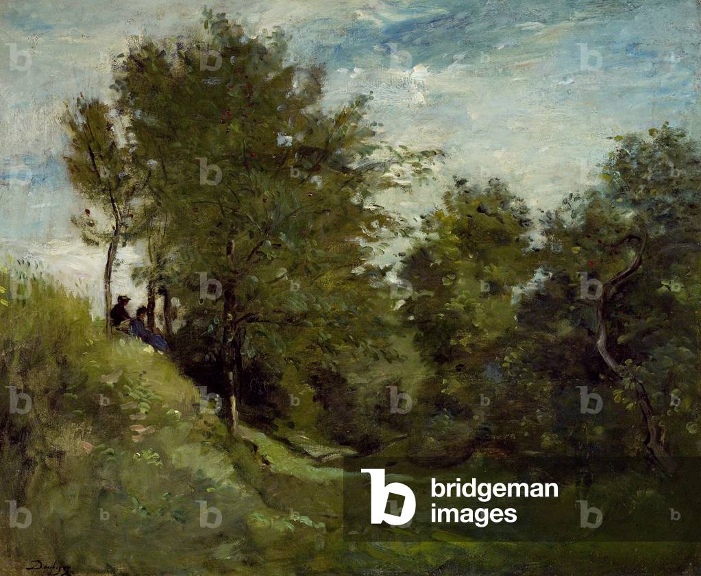 paesaggio con figure seduti su un banca, fine 1870 (olio su tela)