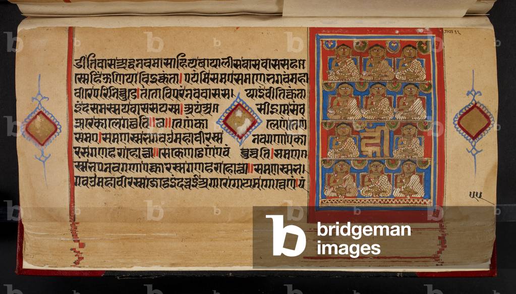 Immagine di Manoscritto "

Il manoscritto Kalpasutra mostra una pagina con un disegno di Ganadharas (con un fo