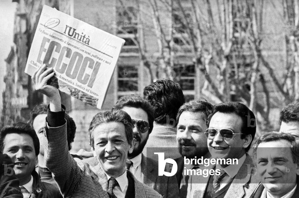 24/03/1984 Rome, Piazza San Giovanni, the Secretary of the Communist Party Shows the Front Page of Lunità with