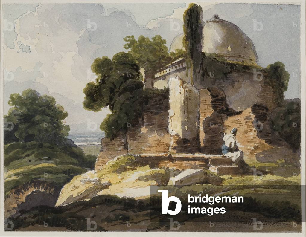Veduta panoramica con tomba musulmana a cupola, 1819 (bianco e nero su carta)
