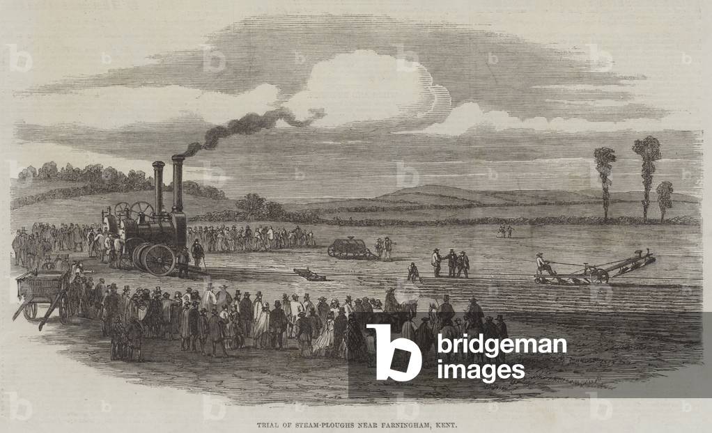 "Prova di Aratri a vapore vicino a Farningham" 1862 di English School, b/w