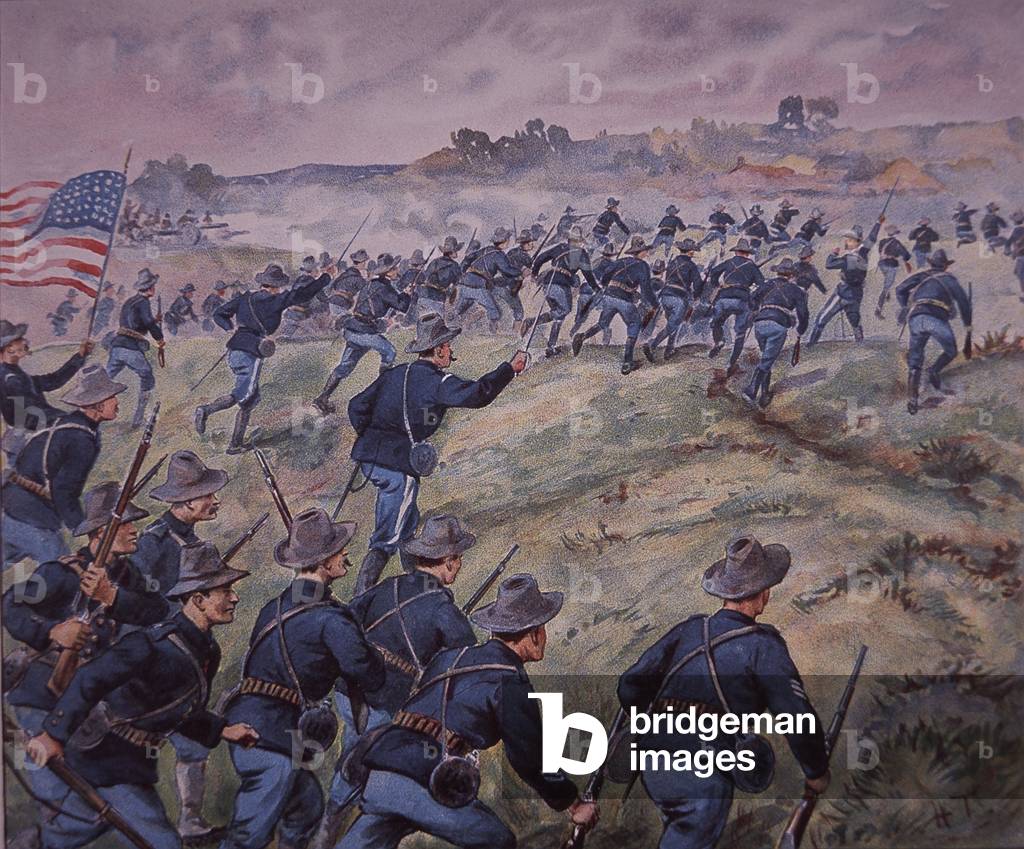 Guerre hispano-américaine 1898, les troupes américaines battent les hauteurs de San Juan à Cuba (couleur litho