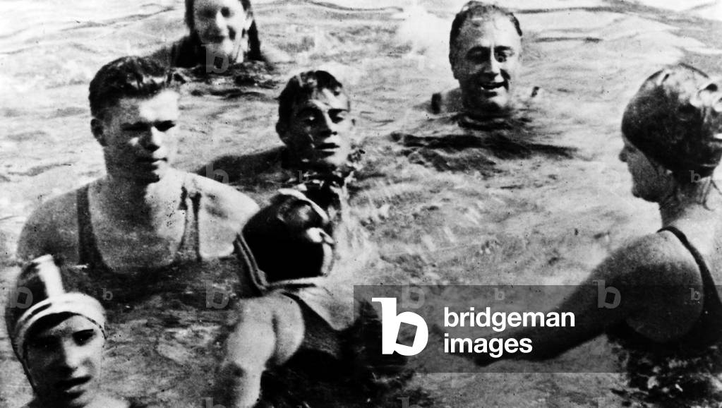 Image of President Franklin D. Roosevelt (back right), in a swimming pool