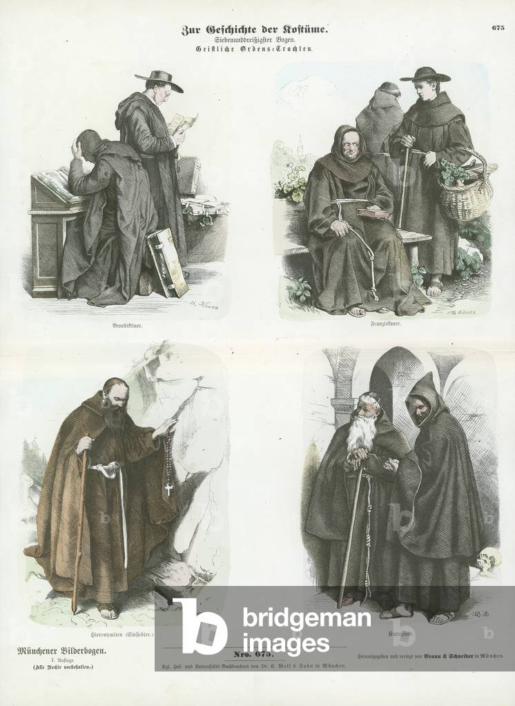 Männerkostüme christlicher Orden (farbige Gravur)