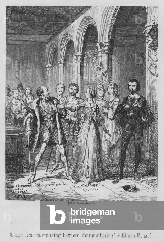 Königin Jane zwischen Northumberland und Simon Renard (Gravur)