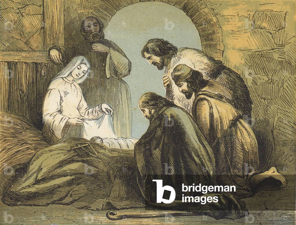 Die Hirten finden Jesus (farbige Gravur)