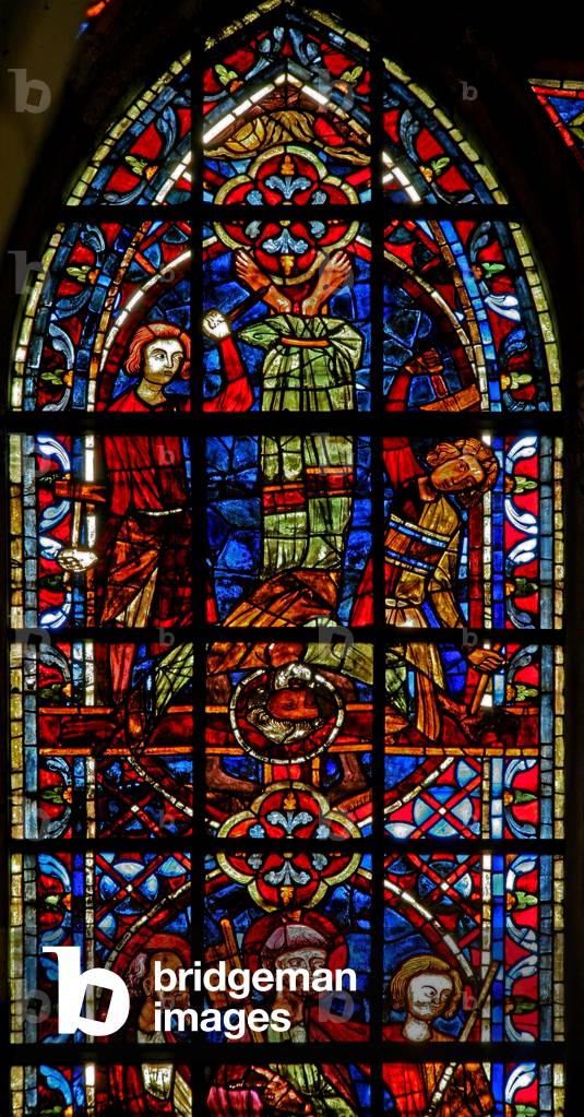 Window w204 depicting the crucifixion of St Peter (stained glass) by French Artist