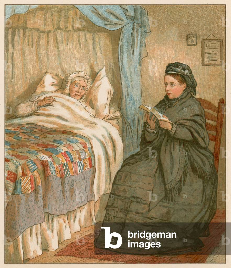 La lecture de la reine au bord de la nuit d'un vieux cottager (chromolitho) par English School