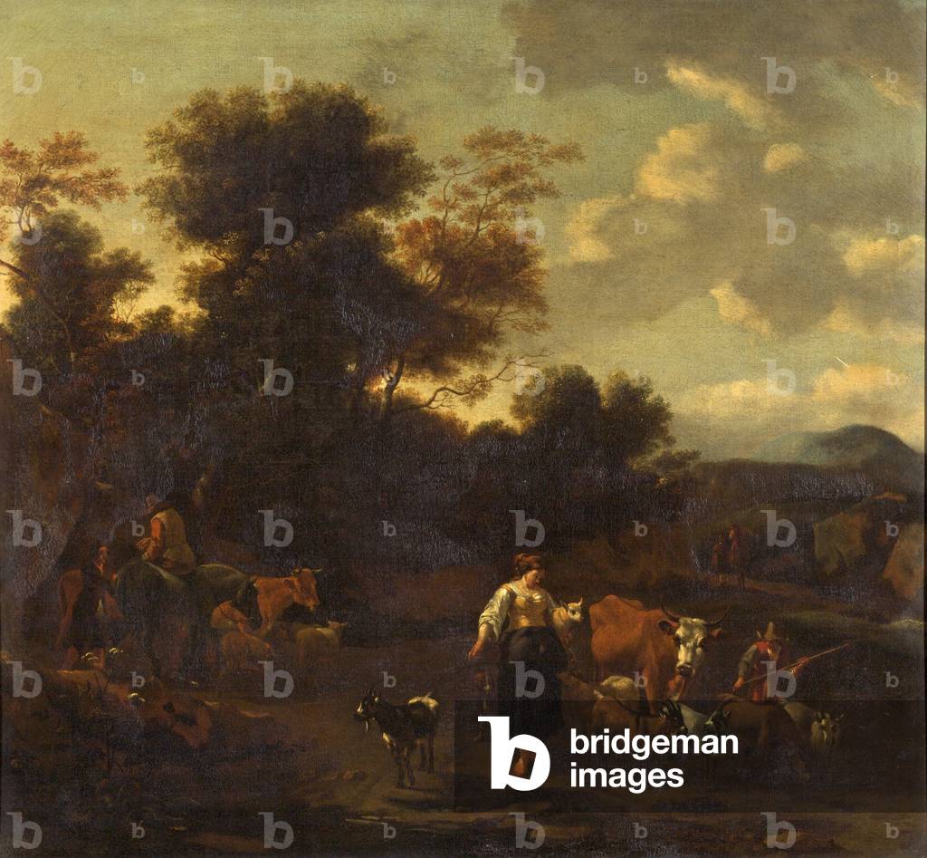 paesaggio con figure e animali (olio su pannello)