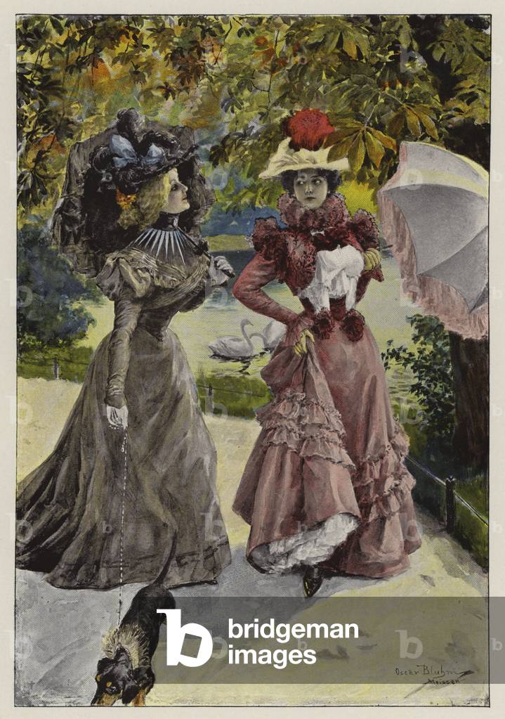 Woman admiring the fabric of her friend's dress (colour litho) by Oscar Bluhm