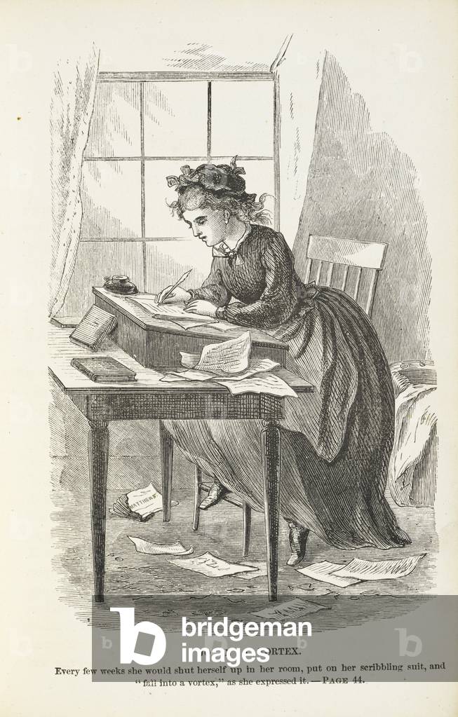 Immagine di Libro "Jo in un vortice. Una giovane donna che scrive su una scrivania.", b/w