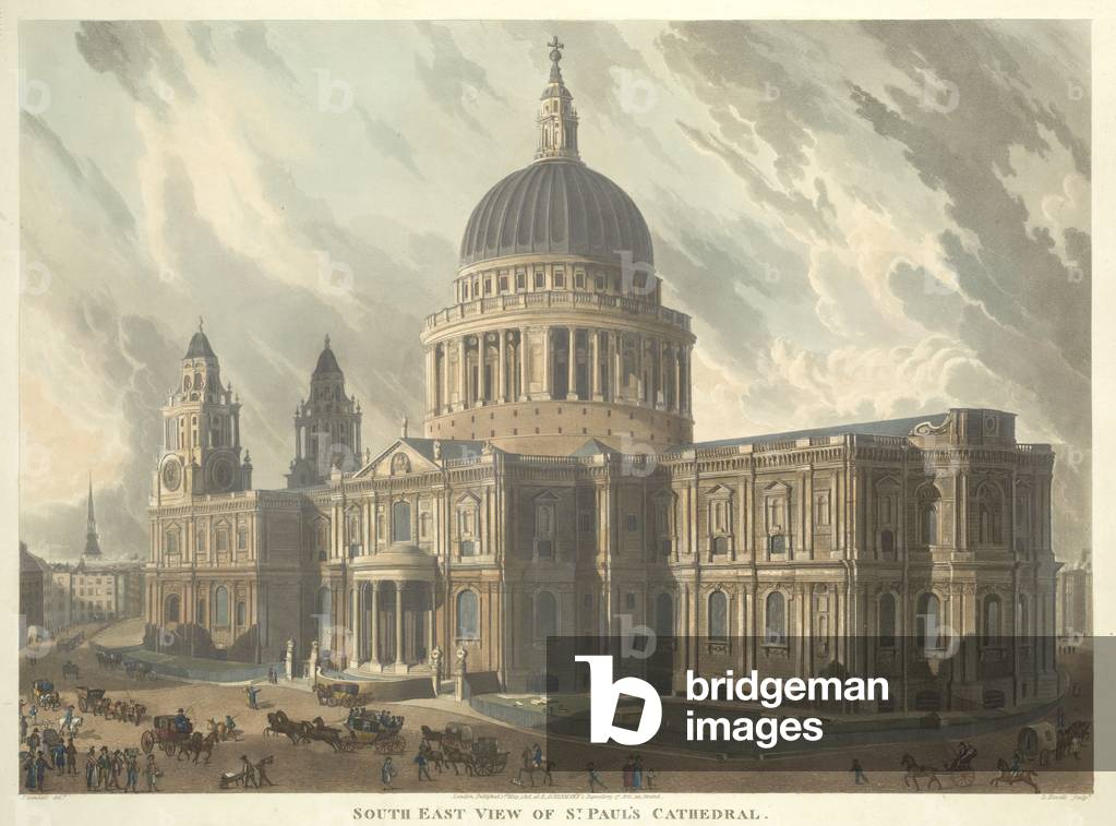 Blick auf den St. Paul's Dom mit mehreren Pferden, Karren und Kutschen im Vordergrund