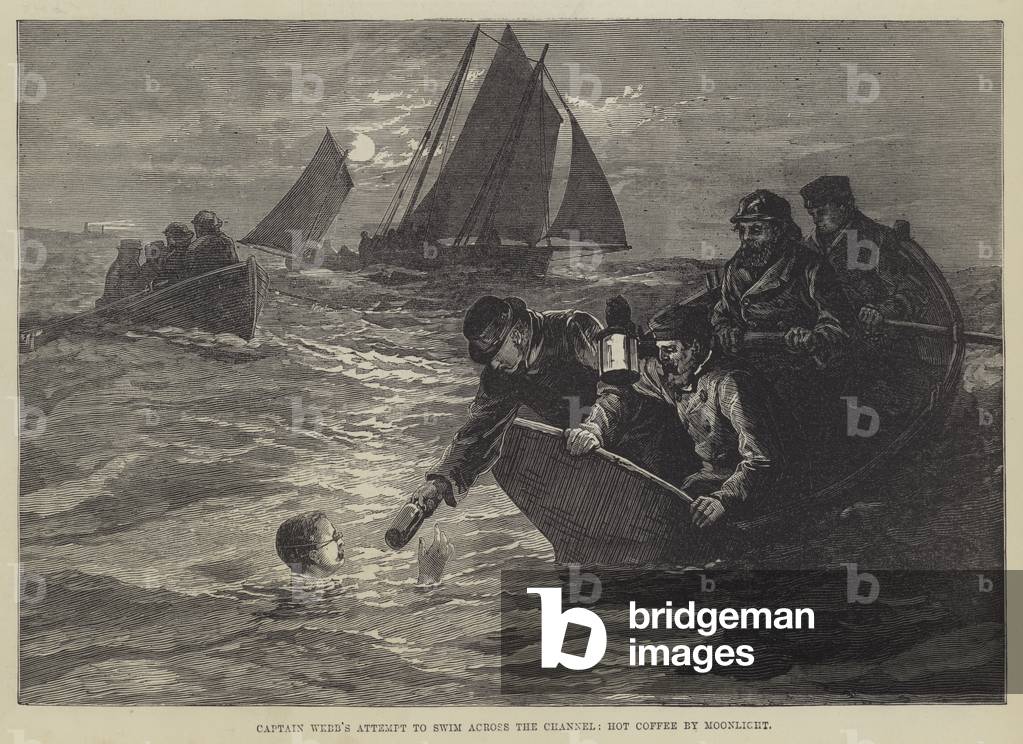 Captain Webb's attempt to swim across the Channel, Hot Coffee by Moonlight (engraving)
