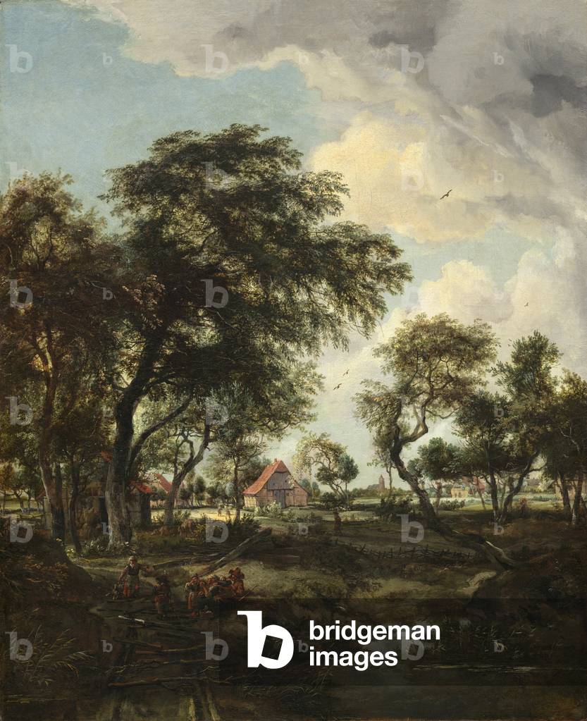Image de Peinture représentant Une Ferme à la lumière du soleil 1668 par Meindert Hobbema