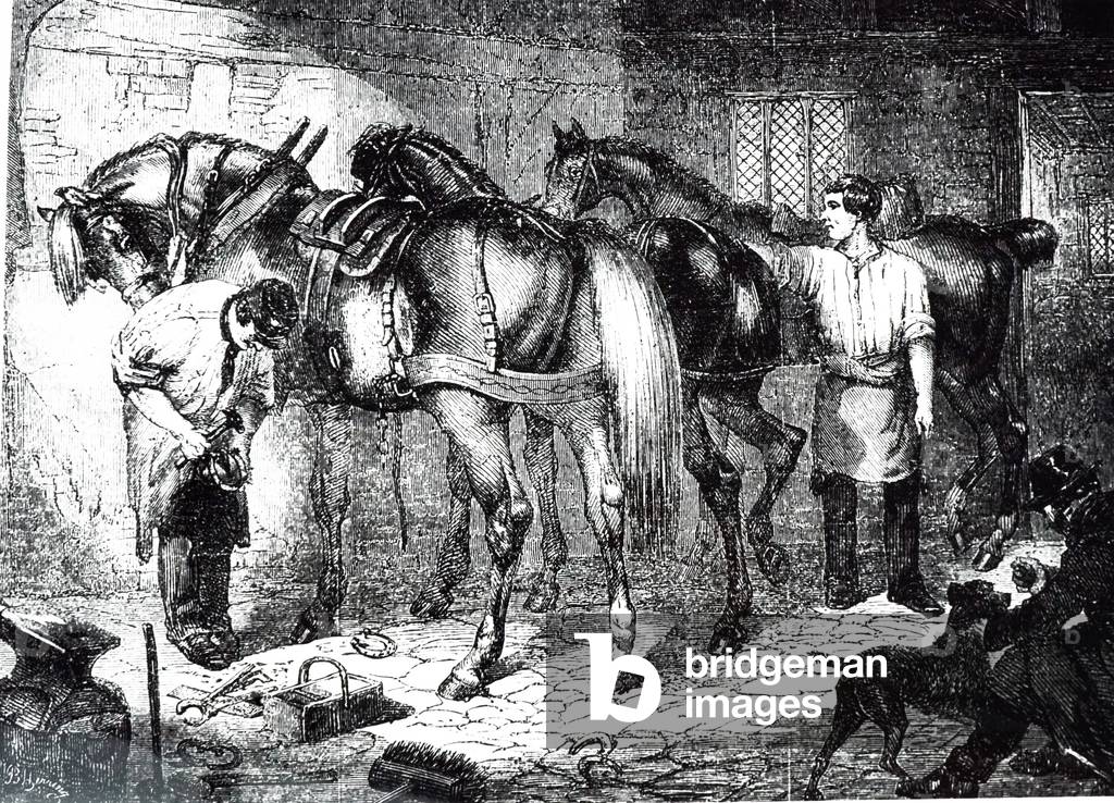 Incisione raffigurante il processo di sgrossatura delle scarpe dei cavalli per il clima gelido, XIX secolo