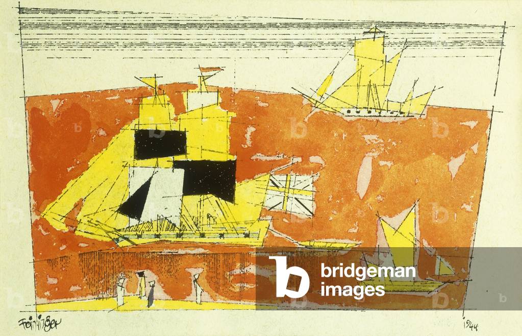 schiffe auf ein rotes meer, 1944 (Aquarell und stift und schwarz tinte über bleistift auf papier)