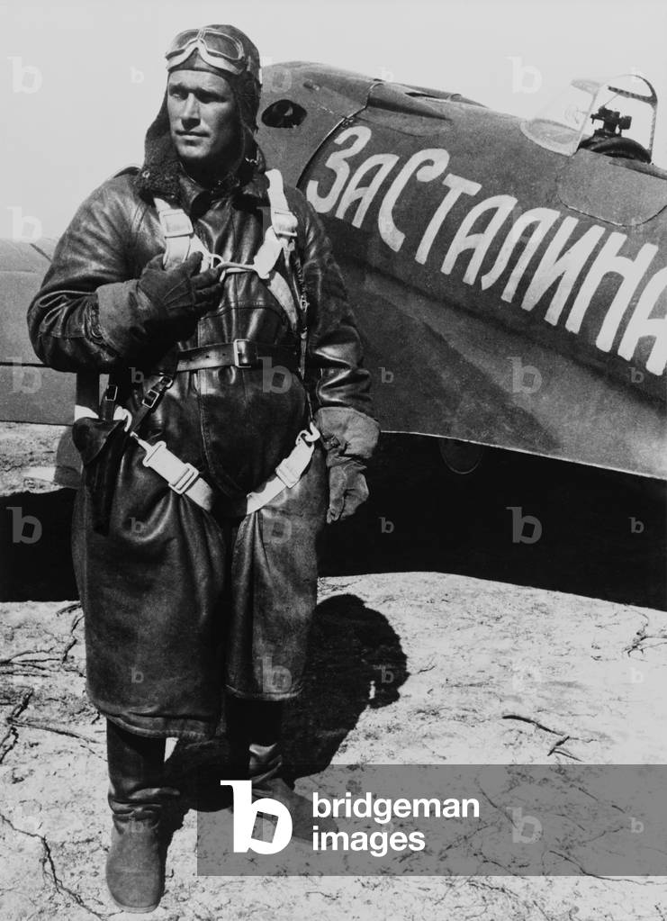Image Of Soviet Ace Pilot Boris Safonov Next To His I 16 Airplane image-of-soviet-ace-pilot-boris-safonov-next-to-his-i-16-airplane