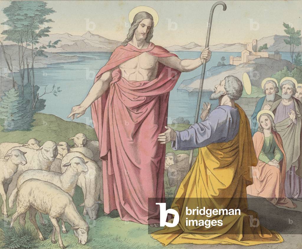 Jesus erscheint Petrus, seinem Vikar auf Erden (farbige Gravur)