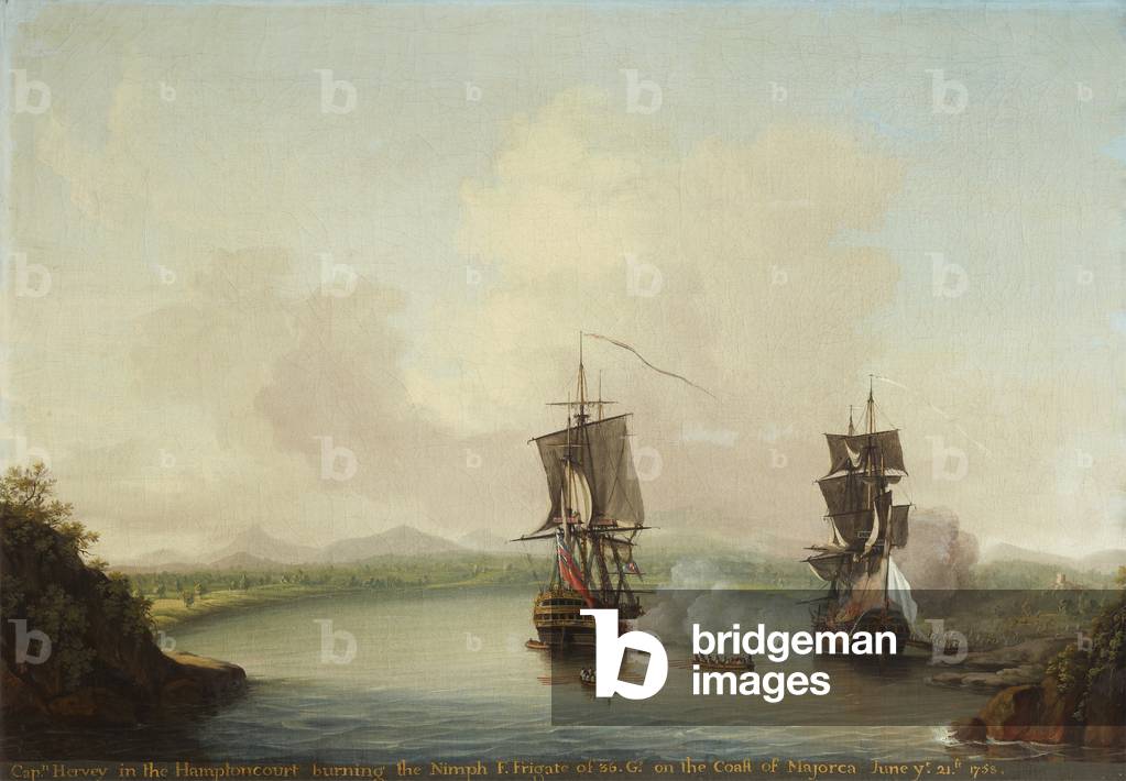 Lord Augustus John Hervey, later 3rd Earl of Bristol (1724-1779)  in the 'Hampton Court' burning the 'Nimph' o