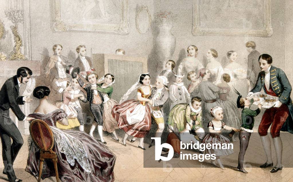 Bambini che ballano durante una festa, incisione, c. 1840