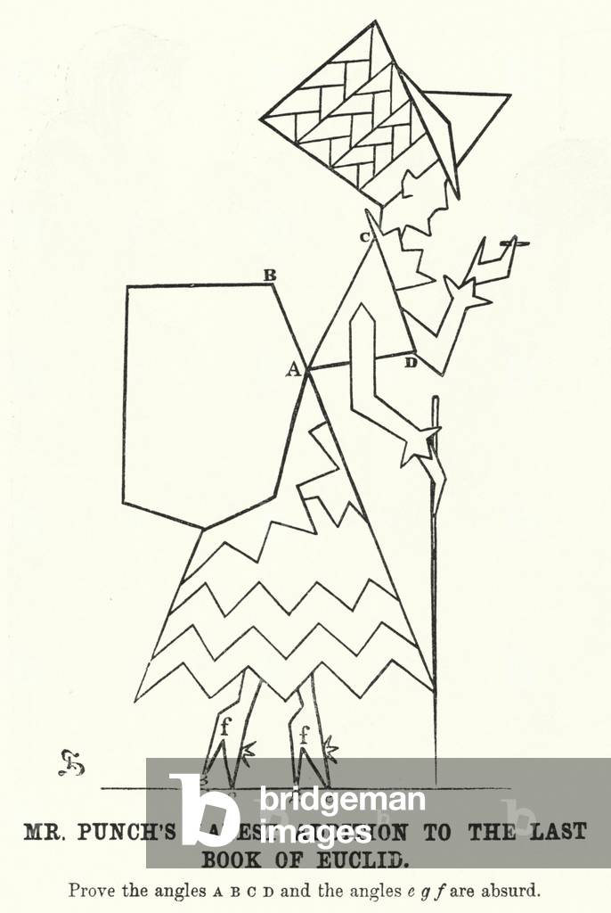 Punch Cartoon: Herr Punchs neueste Ergänzung zum letzten Buch Euklid - viktorianische Damenmode (Gravur)
