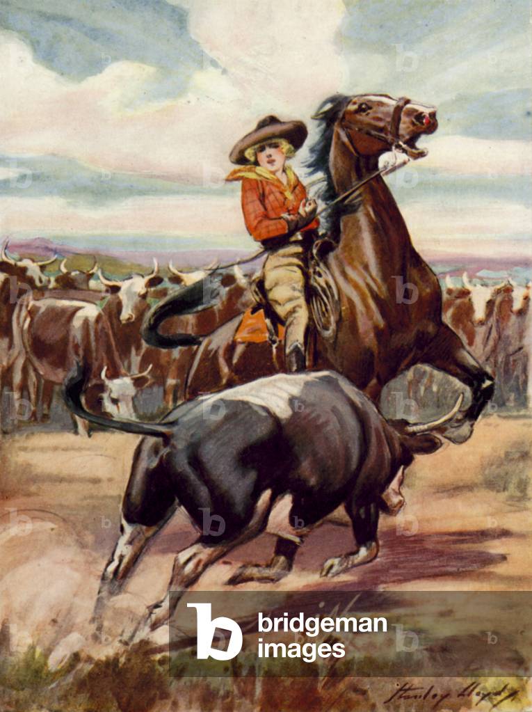 "Szene aus Bei der Barmherzigkeit der Brigands: ein Cowgirl auf dem Pferd" von Stanley Lloyd
