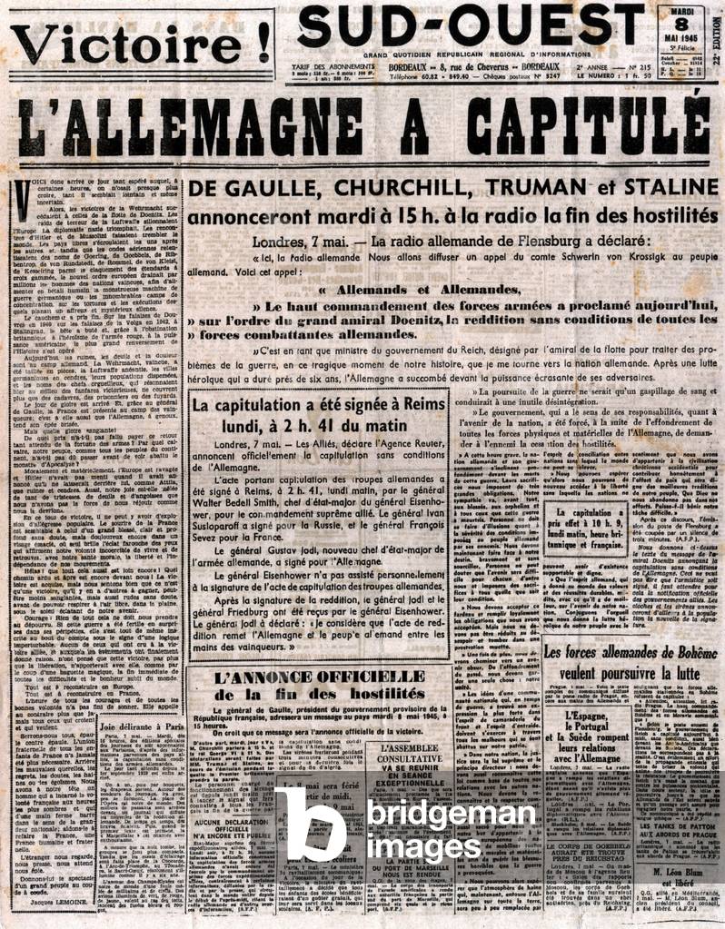 Image of Couverture du journal "SudOuest" du 8 mai 1945, "L'Allemagne a