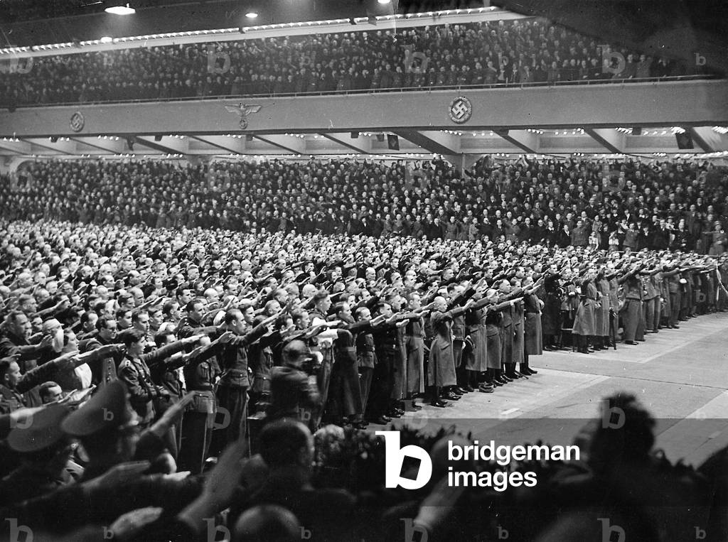 Image of Goebbels' speech in the Sports Palace, 1943 (b/w photo)