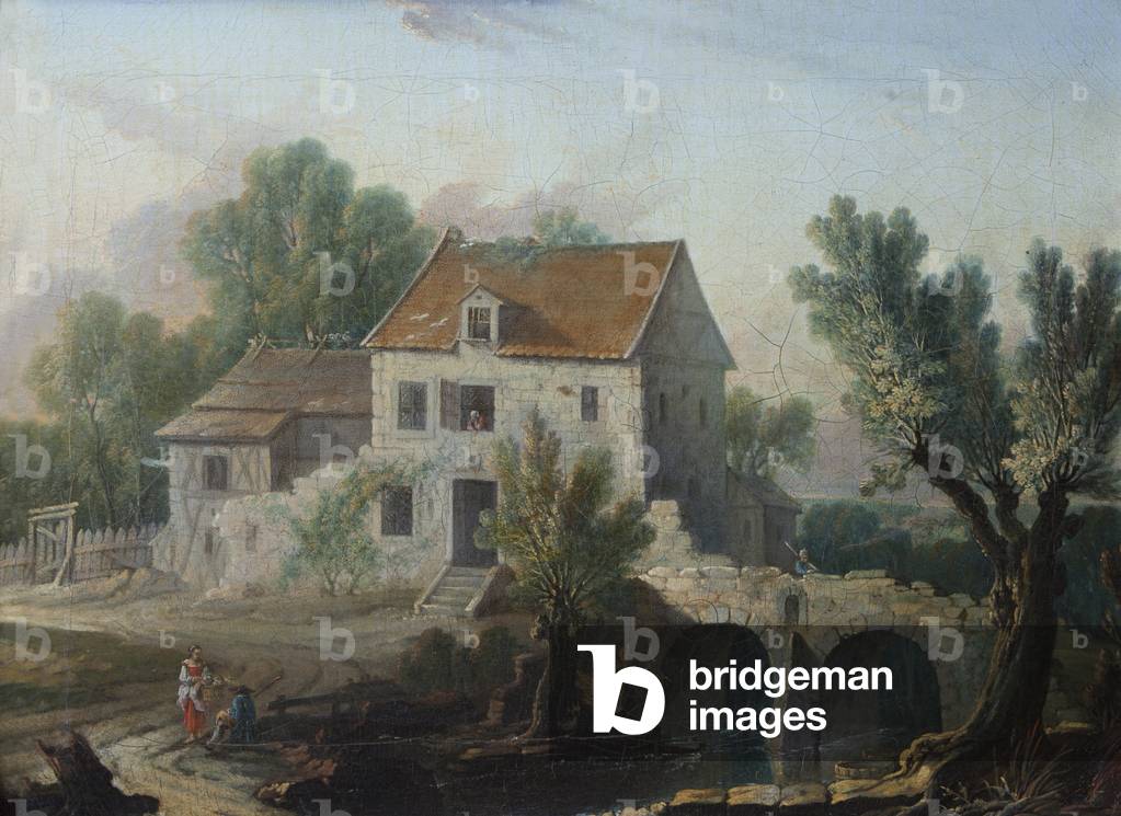 veduta di una casa e traccia di un ponte (olio su tela)