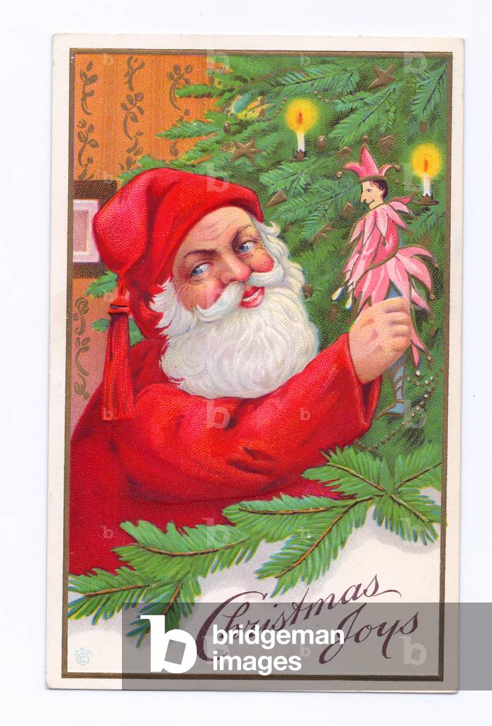 "Cartolina di Natale edoardiano di Babbo Natale aggiungendo un giullare giocattolo ad un albero di Natale" 191