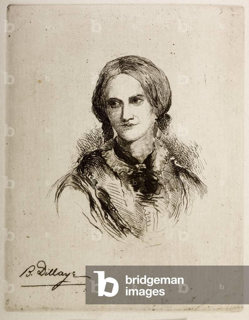 Portrait of Charlotte Bronte from the novel Jane Eyre., b/w