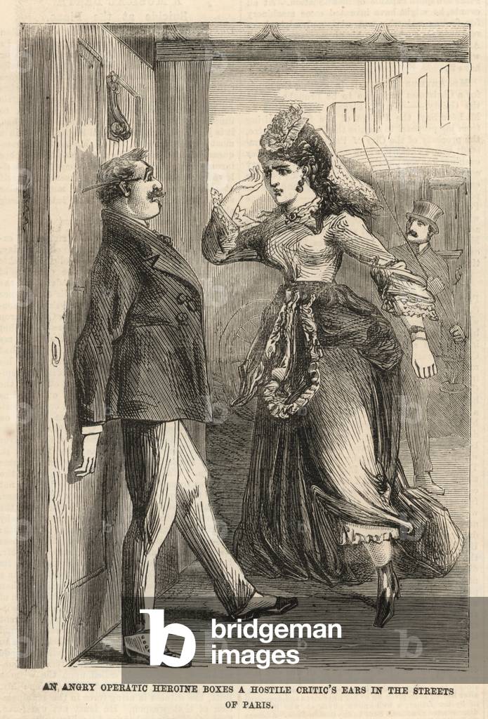 Un'eroina operistica furiosa inscatola le orecchie di un critico ostile (incisione)