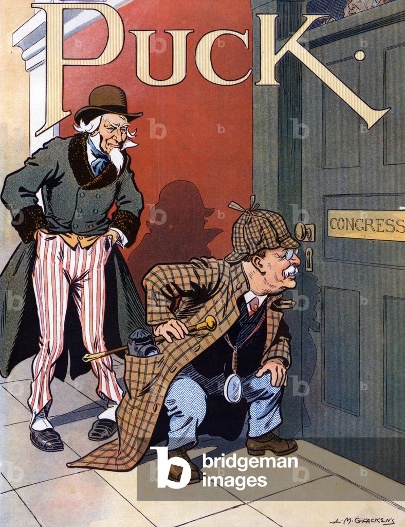 Image of Print depicting Theodore Roosevelt as Sherlock Holmes 1909