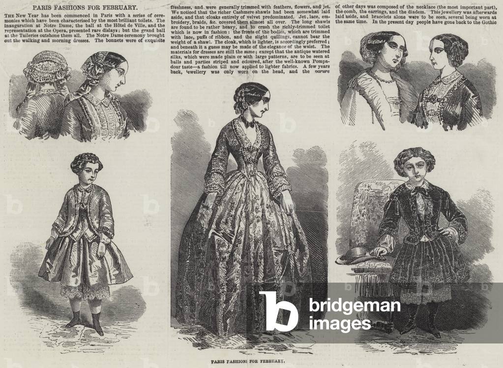 "Parigi Fashions per febbraio (incisione)" 1852 di English School