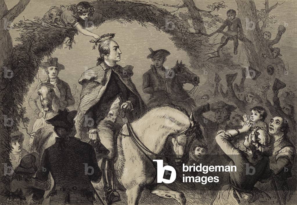 "Angelica Peale coronamento Washington (incisione)" di Felix Octavius Carr Darley, b/w