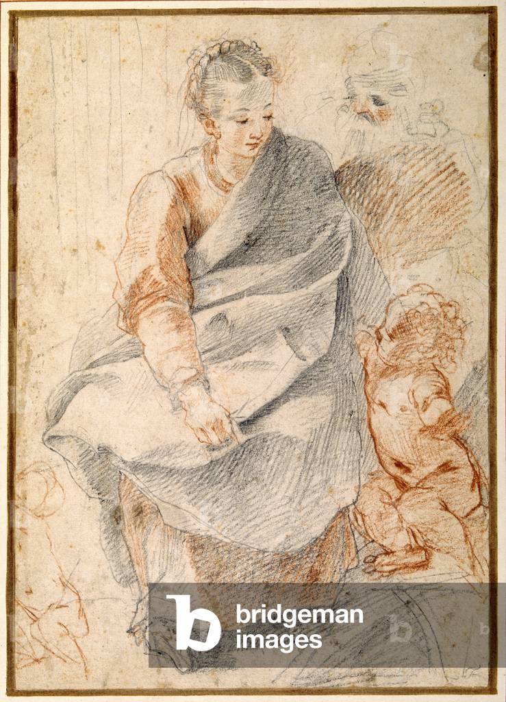 The Holy Family (red & black chalks on white paper) by Giovanni Battista Vanni, b/w