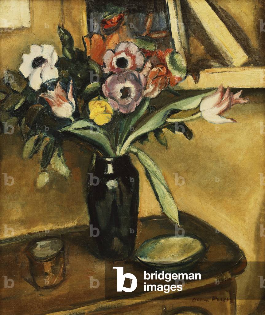 Blumenvase - Anemonen und Tulpen; Vase de Fleurs - Anemones et Tulipes, (öl auf leinwand)
