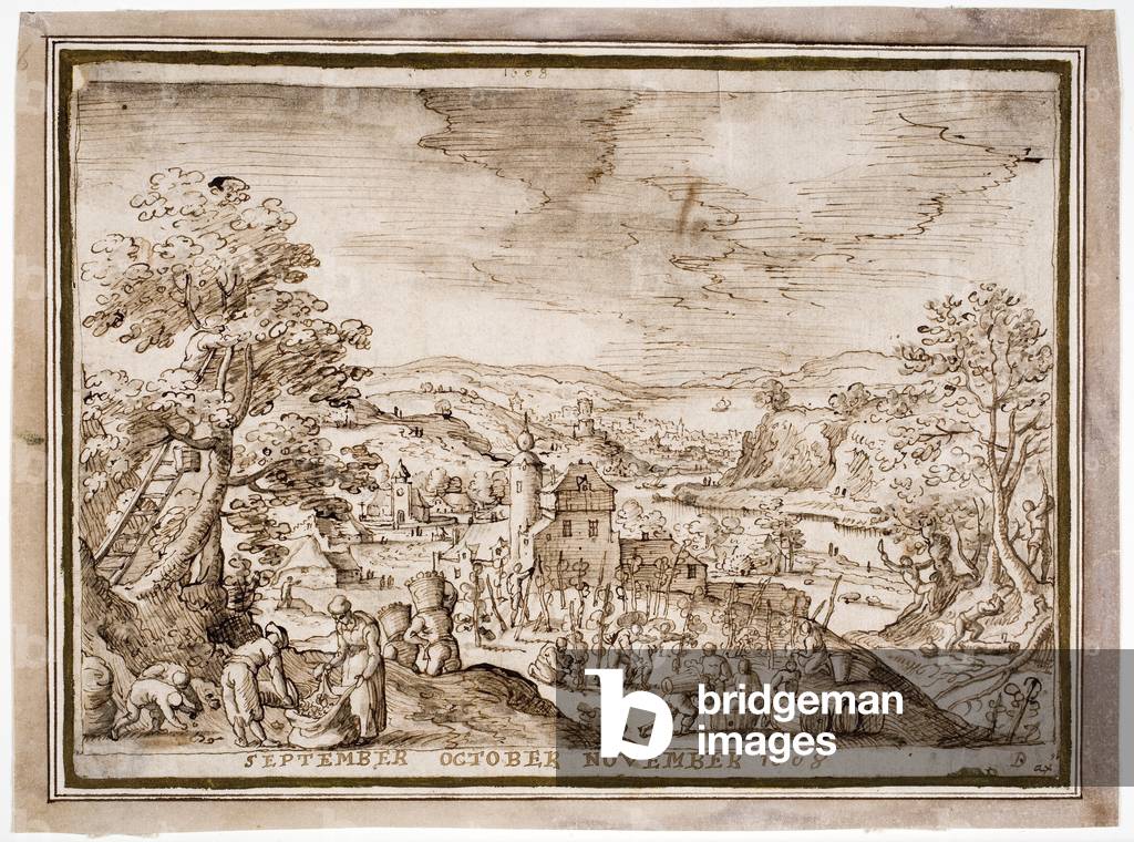 Herbst 1608 (Stift & braune Tinte, Bürste & braune Wäsche über schwarze Kreide auf Papier)