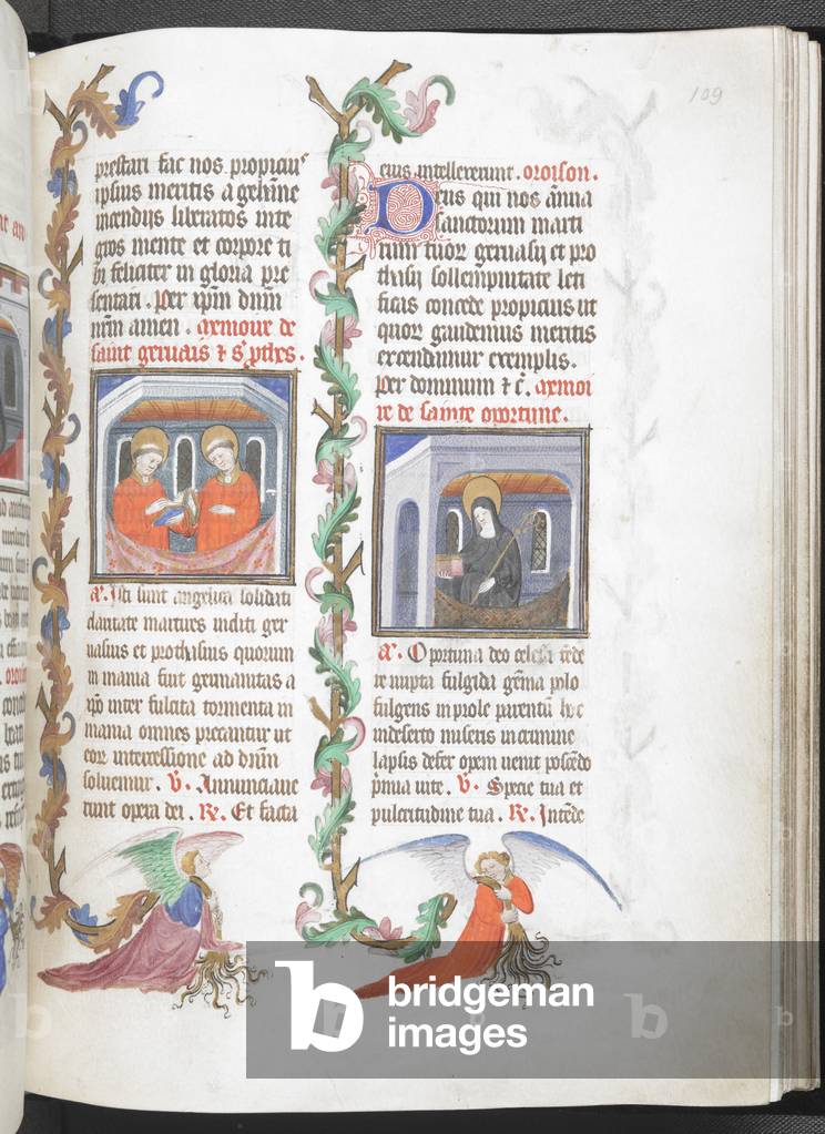 Gervasio e Protasio (a sinistra) e Opportuna (a destra), con bordi fogliati parziali portati da angeli