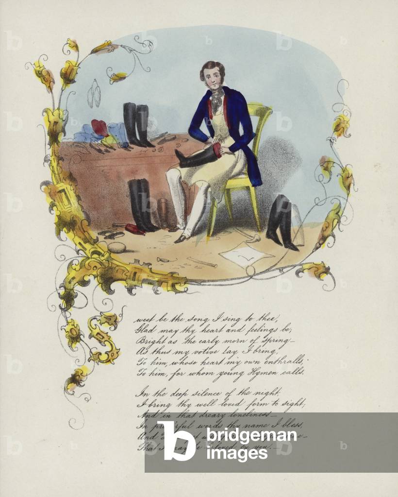 Carta di San Valentino inglese con un'immagine di un uomo riparazione stivali (colore lito)