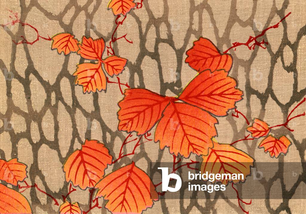 stampa in legno a colori di foglie autunnali su rami, c.1900 (stampa in legno a colori)