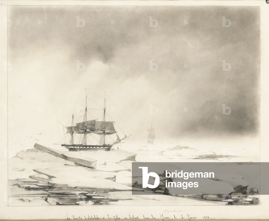 Image of Drawing depicting The Corvettes L'Astrolabe and La Zéleé in the ice 1838 by Ernest-Auguste Goupil