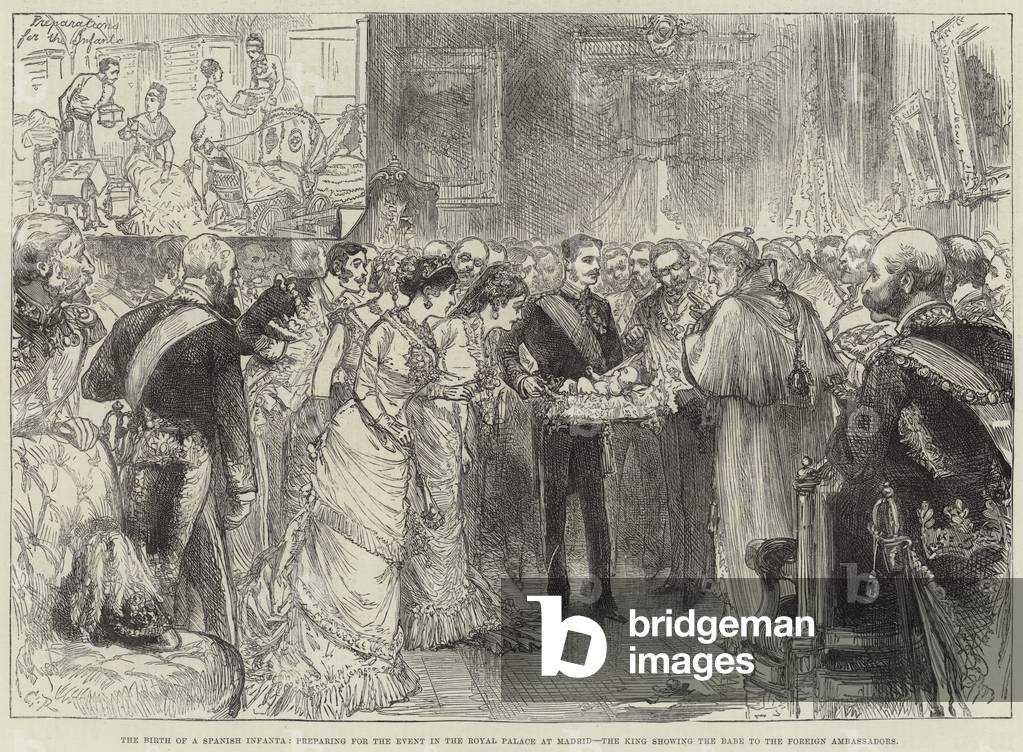 La nascita di un infanta spagnolo, preparazione per l'Evento nel Palazzo Reale di Madrid, il re che mostra il 