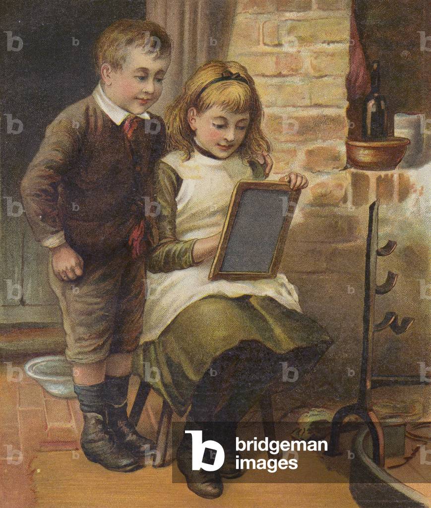 Image de Estampe représentant Fille aidant son frère à faire ses devoirs (chromolitho) par English School