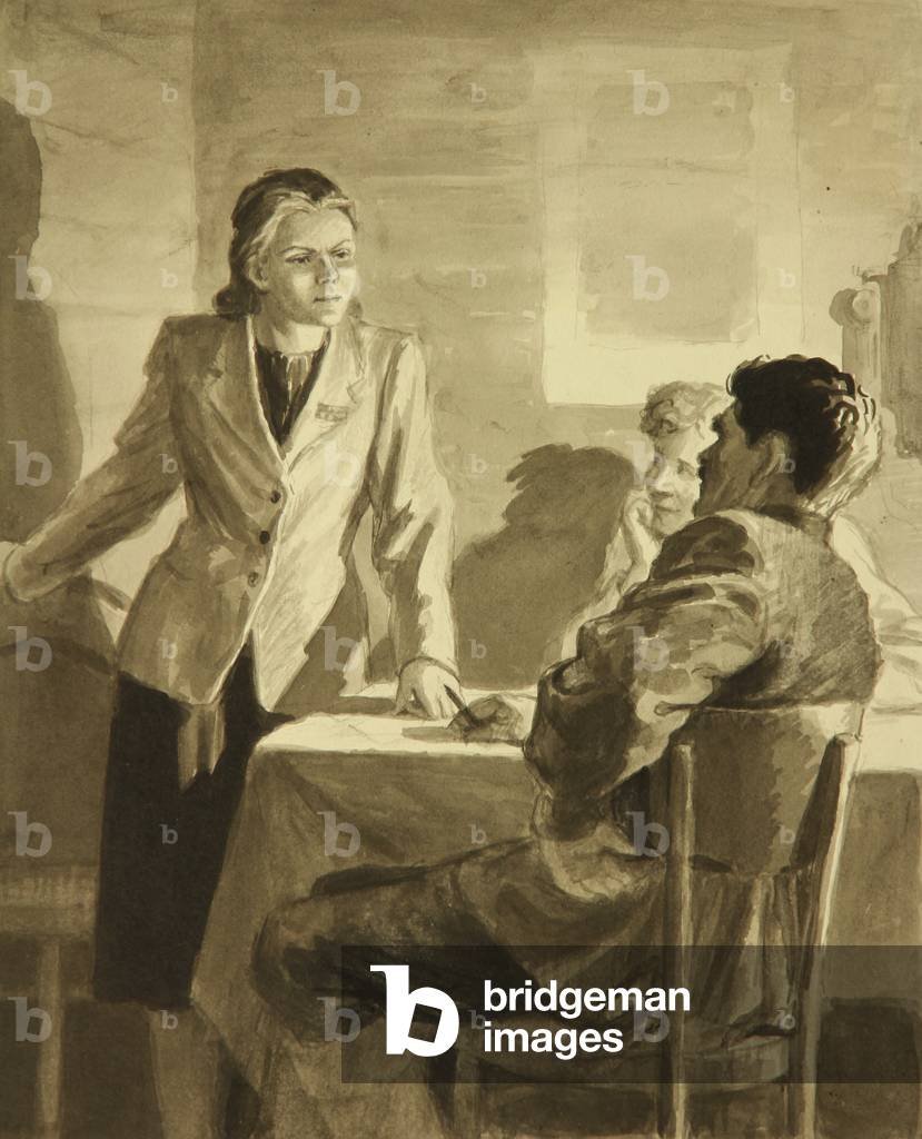 Die erste Sitzung der Parteizelle, Illustration zum Buch “Жатва” (Ernte) von Galina Nikolaeva von 1950, 1949 (