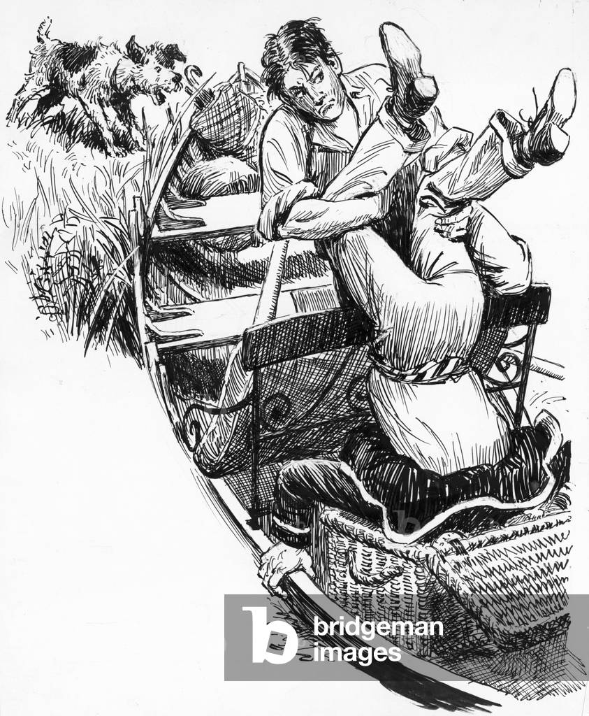 Image de Dessin représentant Illustration pour trois hommes dans un bateau par Jerome K Jerome (stylo et encre