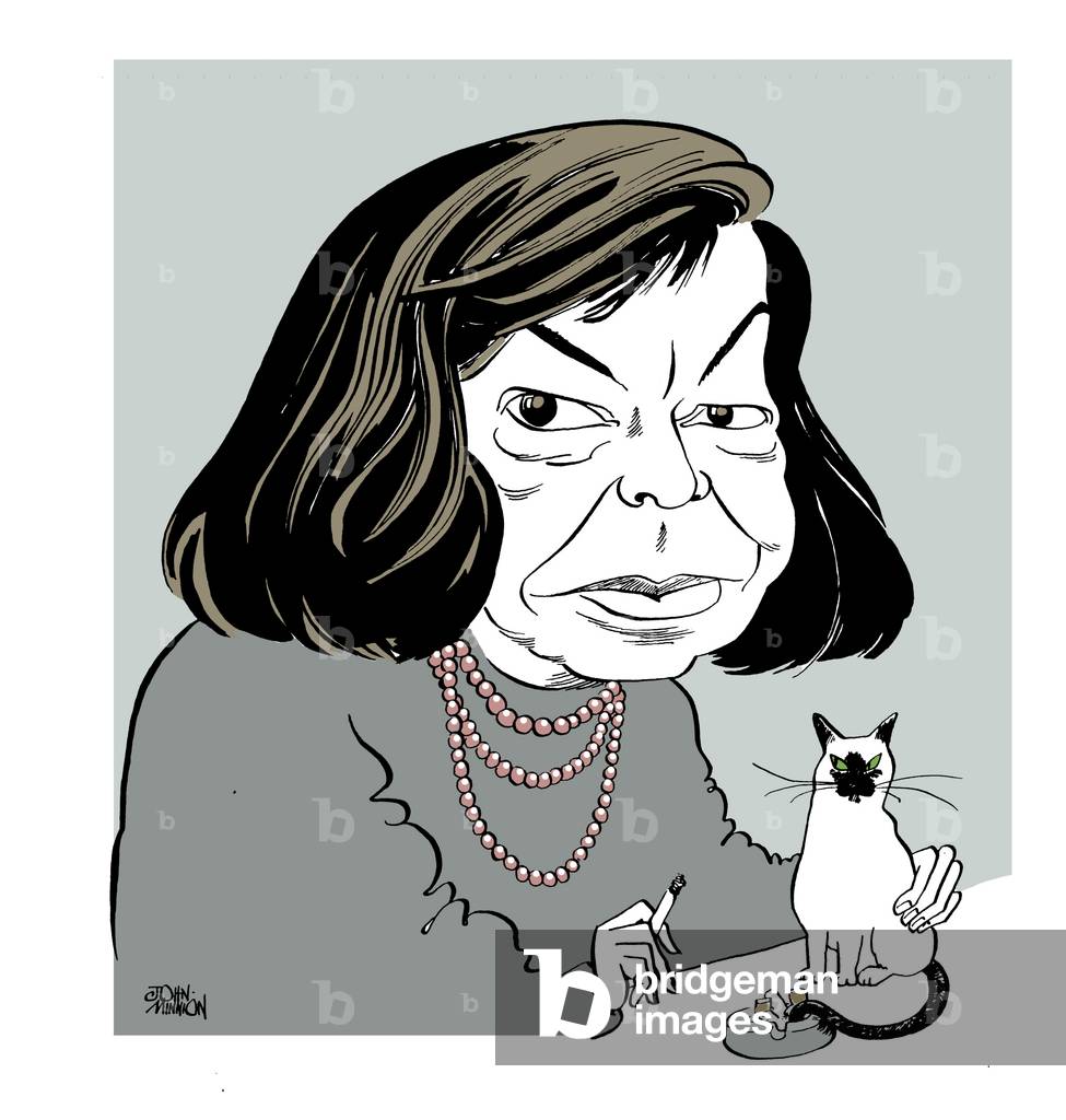 Patricia Highsmith - caricatura con il suo gatto, fumando