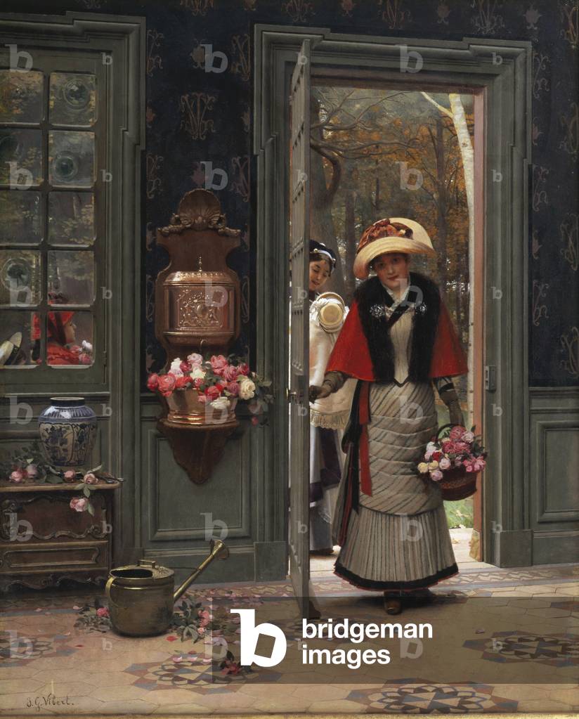 Bild von Gemälde "Rückkehr von der Taufe (Öl auf Holz)" von Jean or Jehan Georges Vibert, b/w